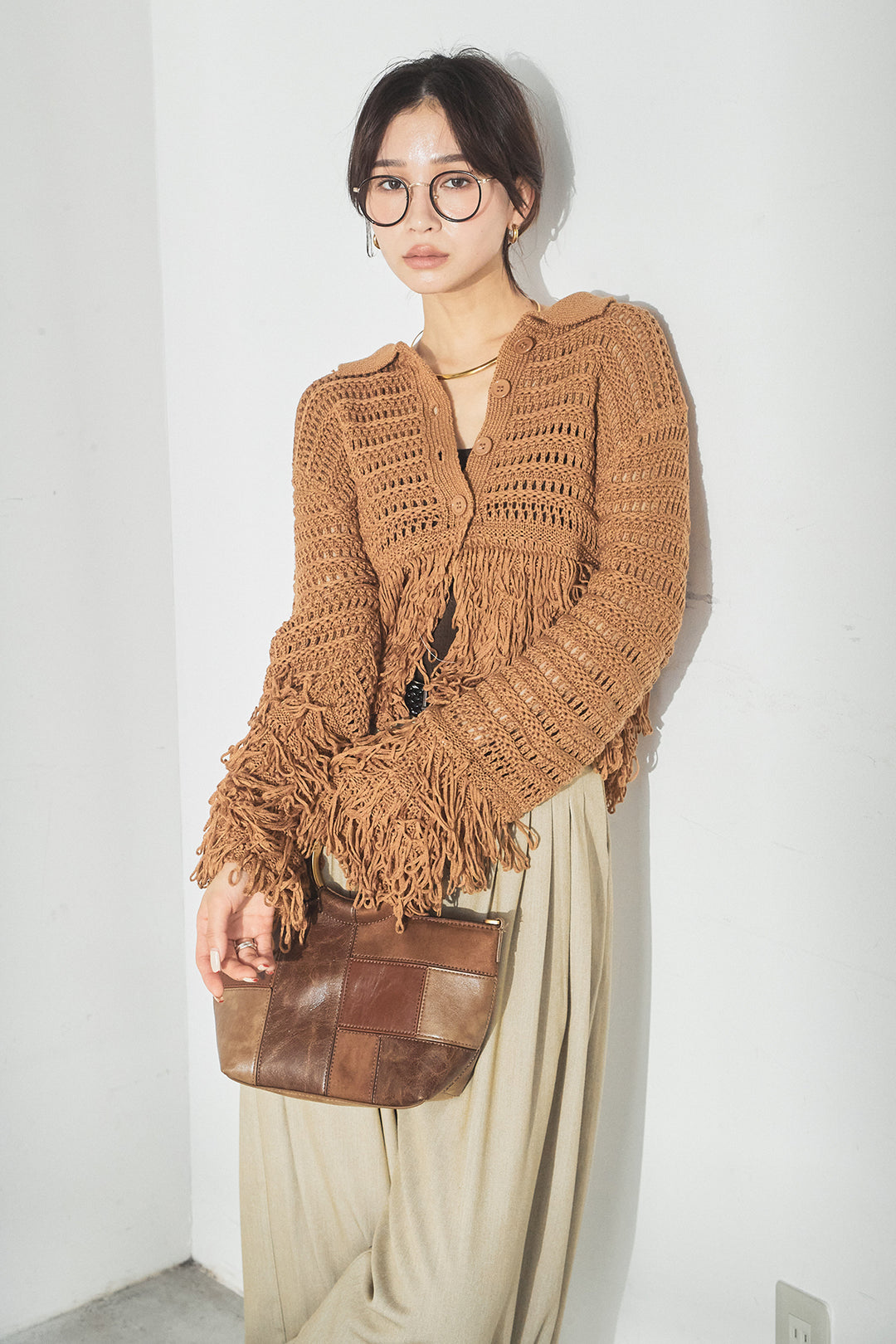 [SET]メッシュフリンジカーディガン+編みベルト付きウエストタックワイドパンツ(2set)