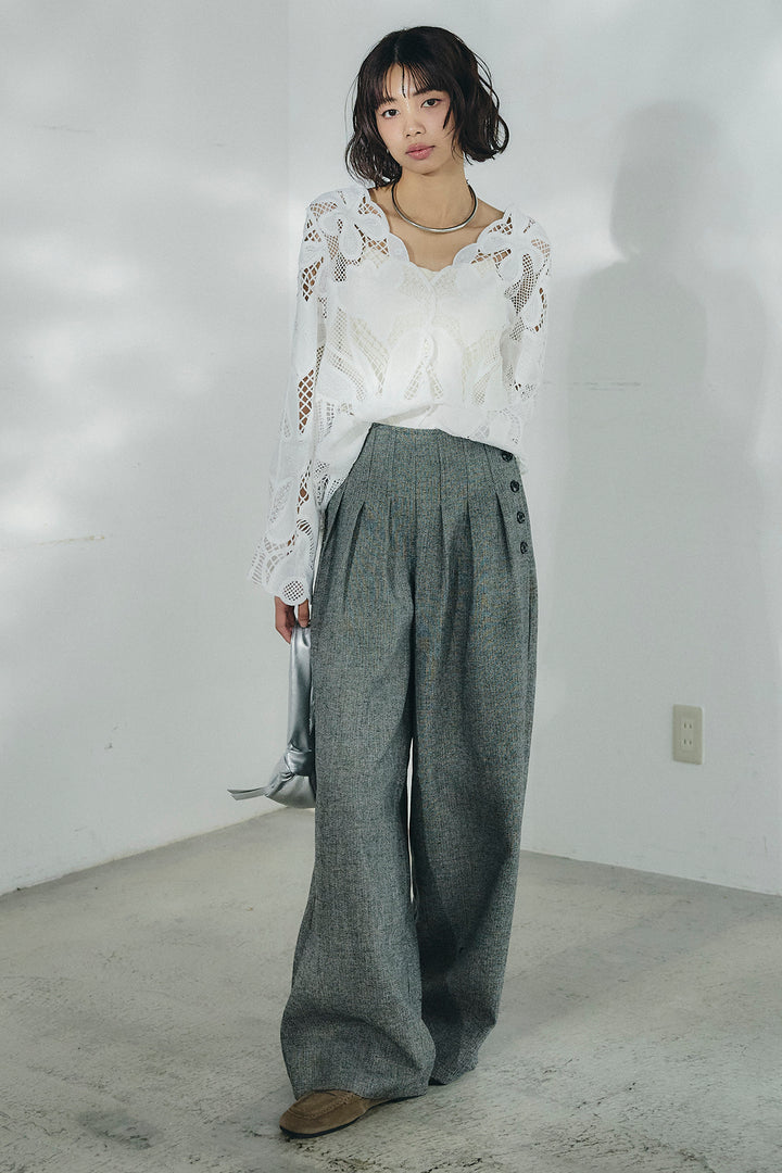 [SET]フラワー刺繍レースブラウス+サイドボタンツイードタックパンツ(2set)