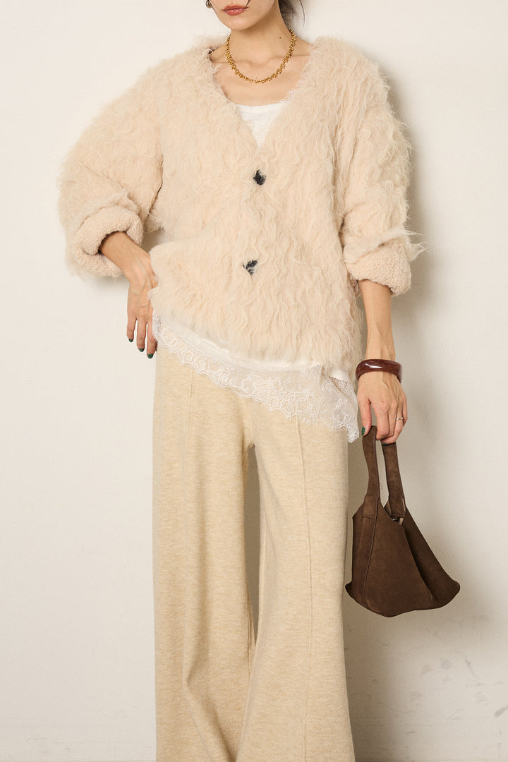 [SET]起毛シャギーニットカーディガン+センターラインニットパンツ+レース切り替えキャミソール(3set)