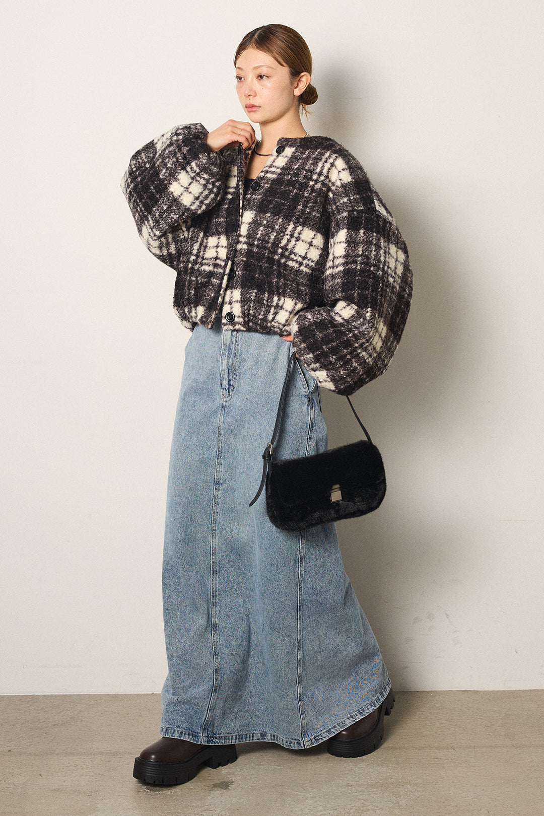 [SET]ノーカラーチェック柄ボアブルゾン+デニムロングフレアスカート(2set)