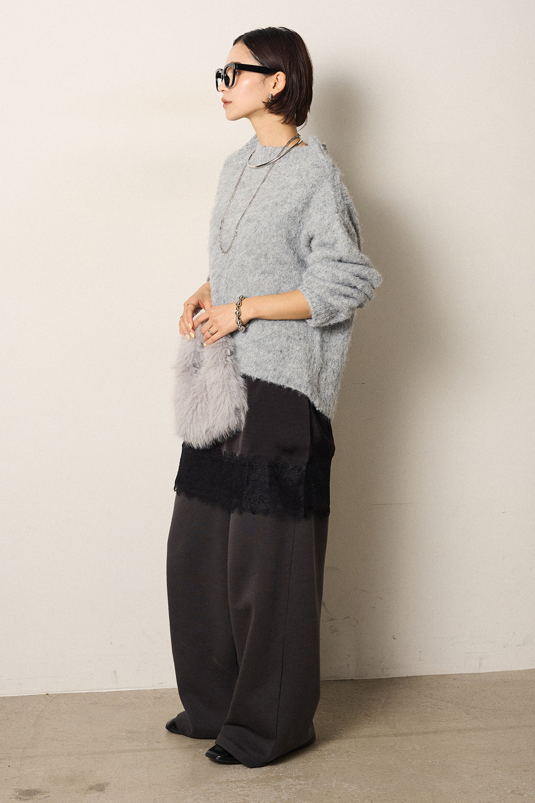 [SET]アルパカタッチオフショルニット+裏起毛スウェットワイドパンツ(2set)
