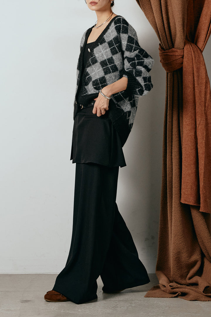 [SET]オーバーサイズ総柄Vネックニットカーディガン+ベルト付きウエストデザインパンツ(2set)