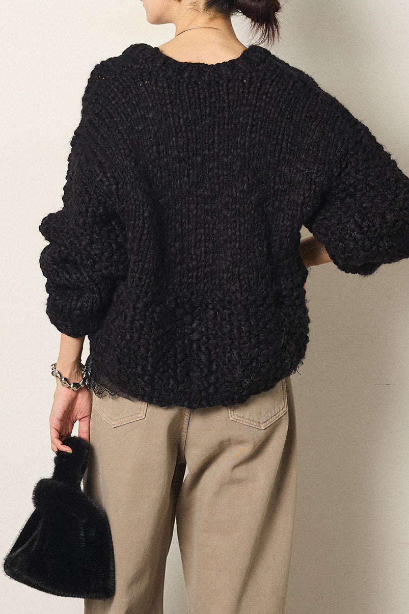 [SET]Vネックハンド編みニットトップス+レース切り替えキャミソール(2set)