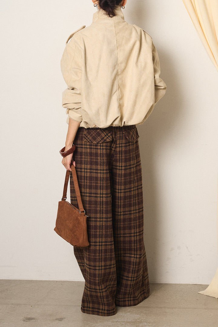 [SET]スタンド襟スウェードライクアウター+スタッズデザインベルトタータンチェックパンツ(2set)