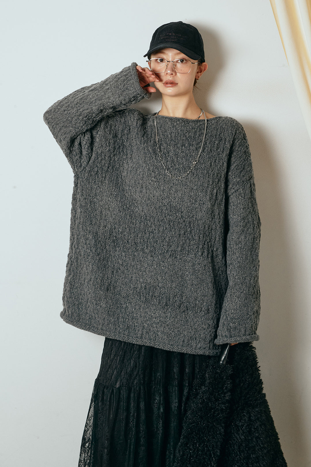 [SET]ボリューム編みニットプルオーバー+ひげレース切替ロング丈スカート(2set)