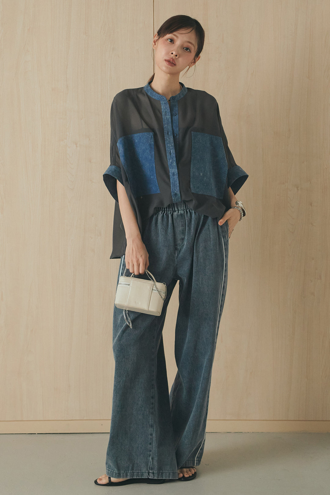 [SET]デニムライクビッグツーポケシアーシャツ+ドロストサイドラインデニムパンツ(2set)