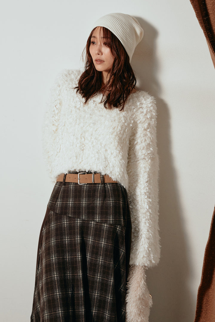 [SET]深Vネックチョウチョヤーンニットトップス+フェイクレザーベルト付き切り替えタータンチェックスカート(2set)