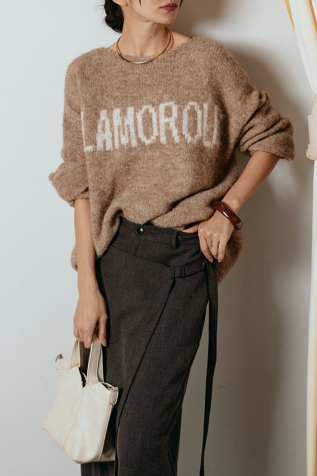 [SET]フロントロゴデザインニットトップス+ラップ巻きワイドスラックス(2set)