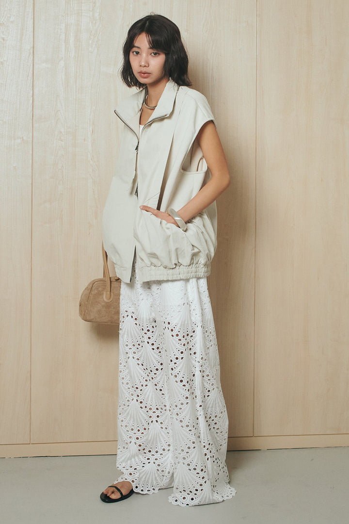 [SET]ショルダー切替スタンドネックジップベスト+レース刺繍リラックスパンツ(2set)