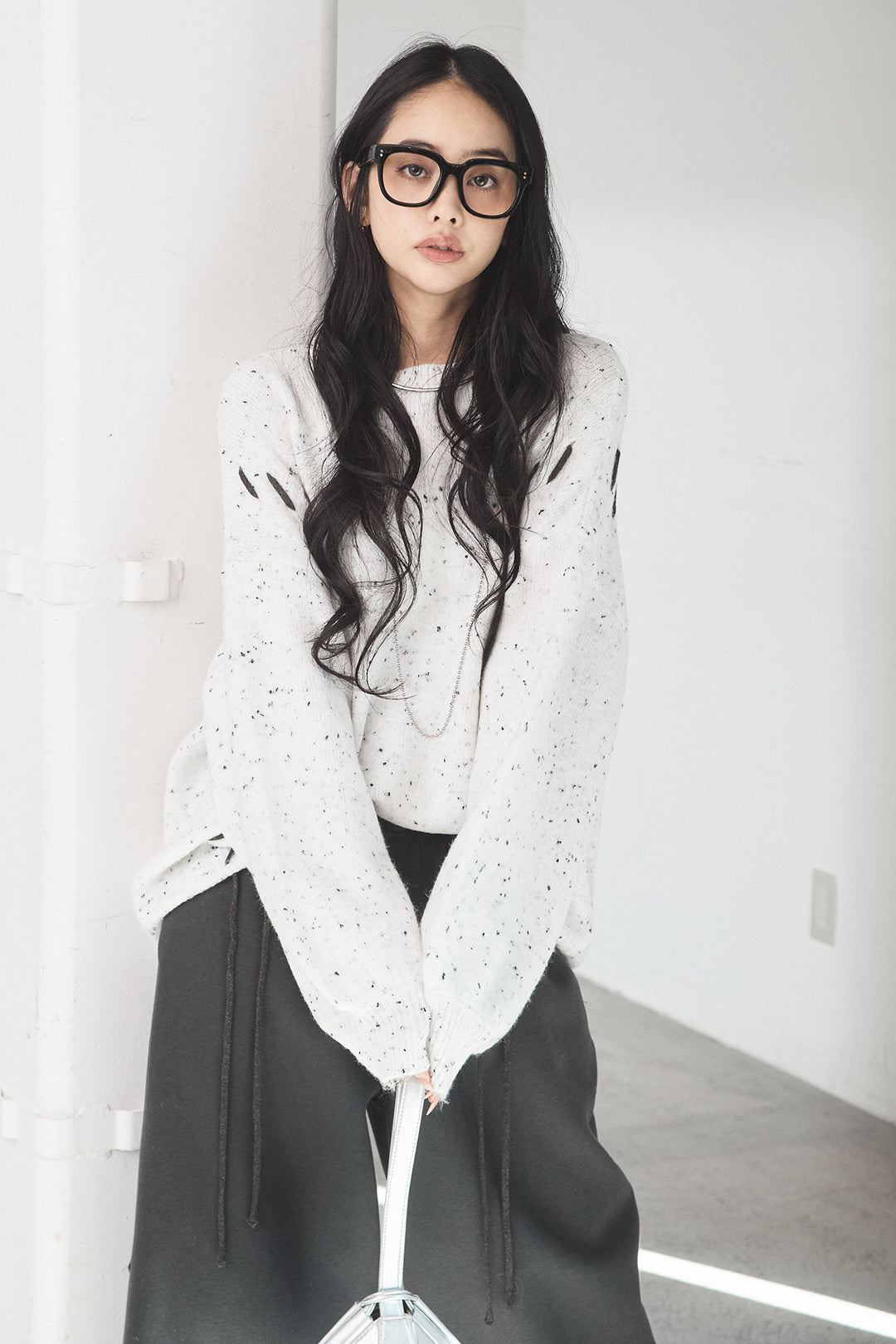 [SET]ネップ編み上げニットトップス+裏起毛スウェットワイドパンツ(2set)