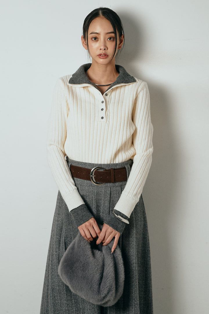 [SET]レイヤード風リブニットトップス+太ベルト付きヘリンボーンプリーツスカート(2set)