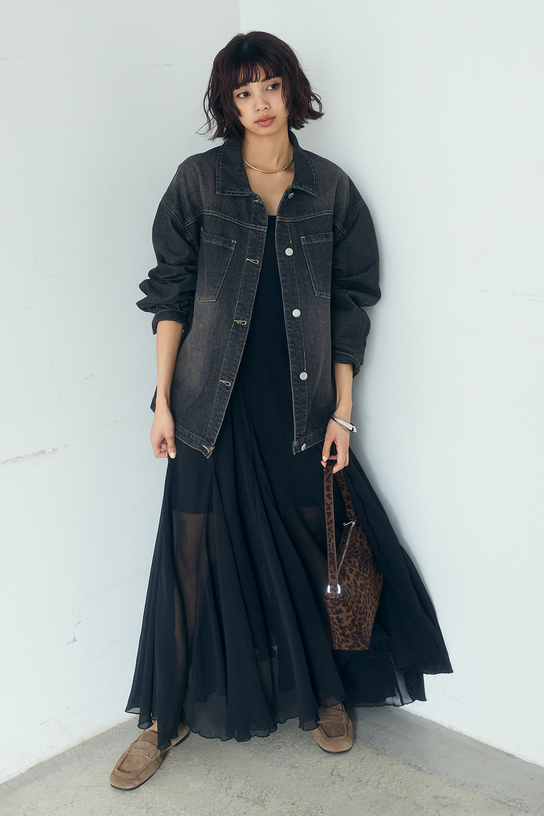 [SET]デニムオーバーサイズジャケット+シアーフリルキャミワンピース(2set)
