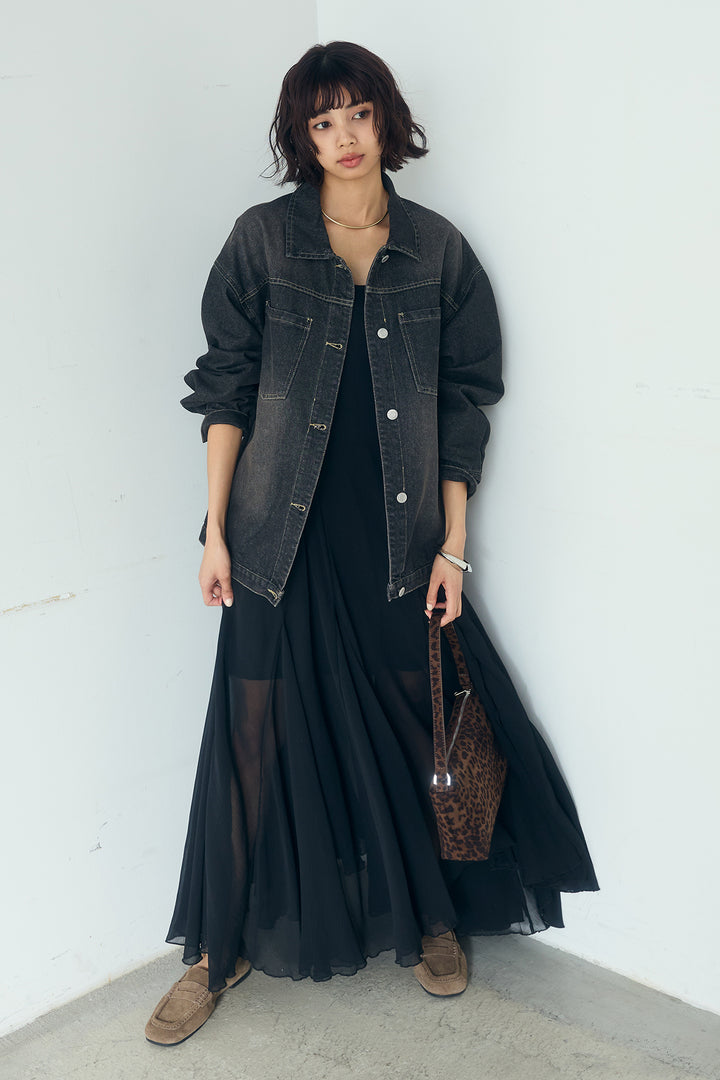 [SET]デニムオーバーサイズジャケット+シアーフリルキャミワンピース(2set)