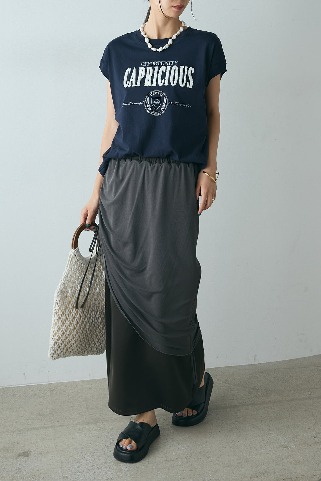 [SET]サガラ刺繍フレンチスリーブTシャツ+シアーレイヤードタイトスカート(2set)