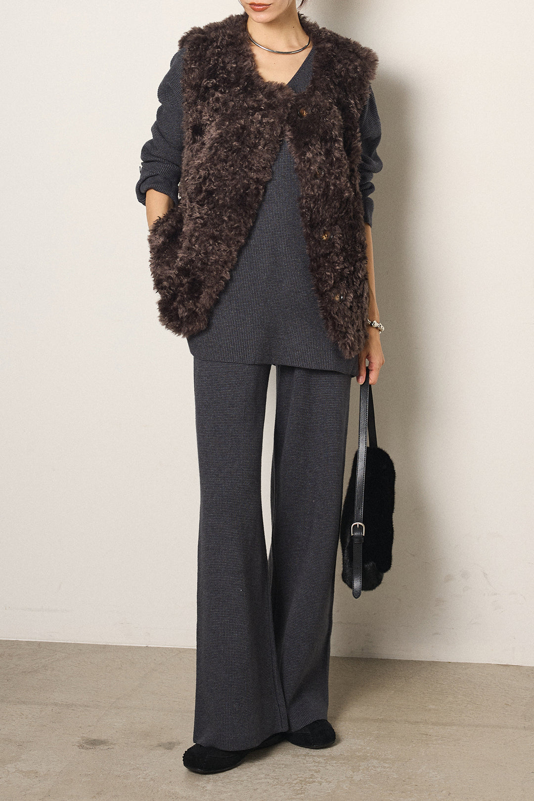 [SET]リラックスワッフルニットSETUP+ノーカラーエコファーベスト(2set)