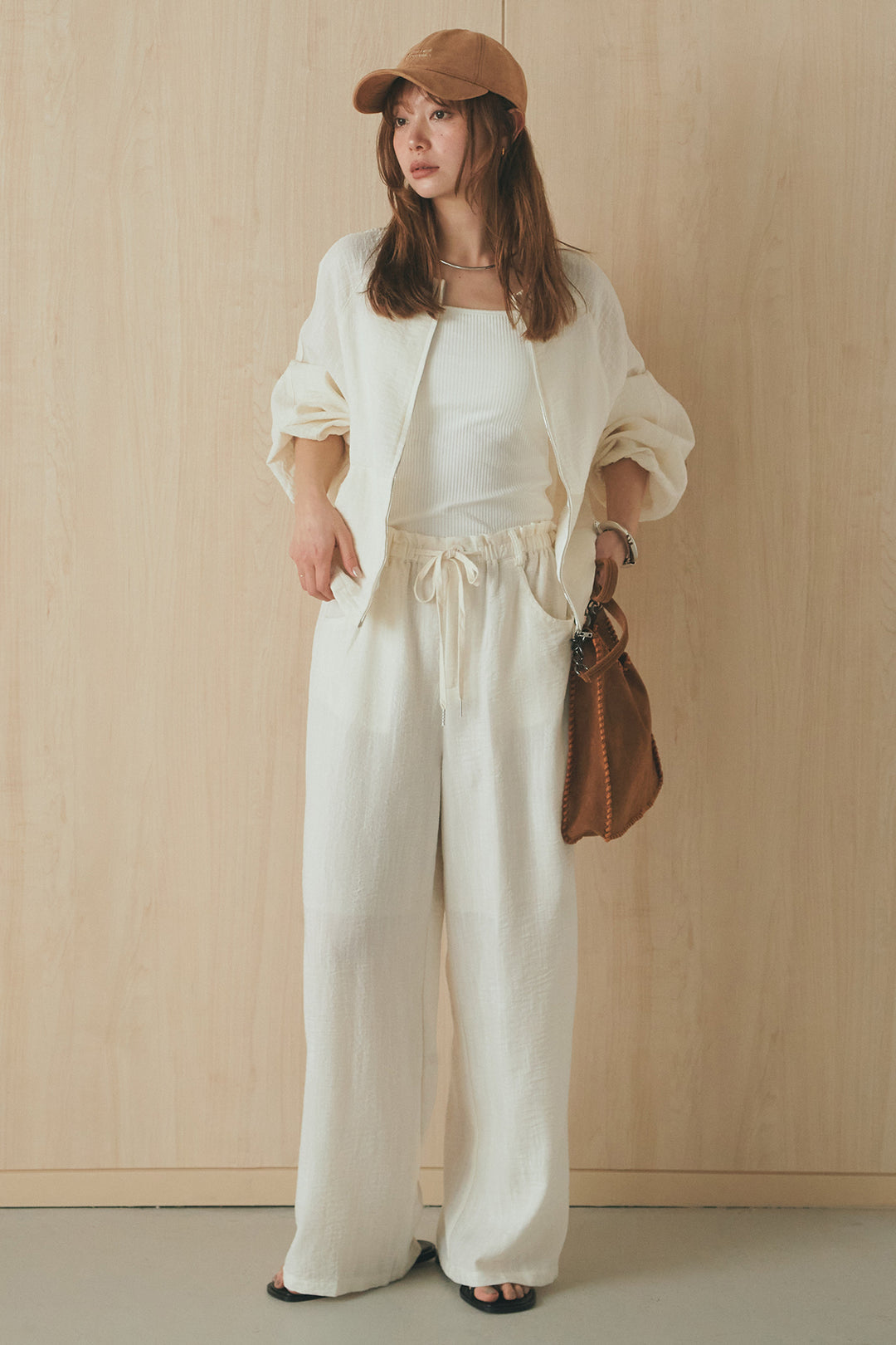 [SET]麻混ノーカラーブルゾン+麻混ウエストドロストパンツ(2set)