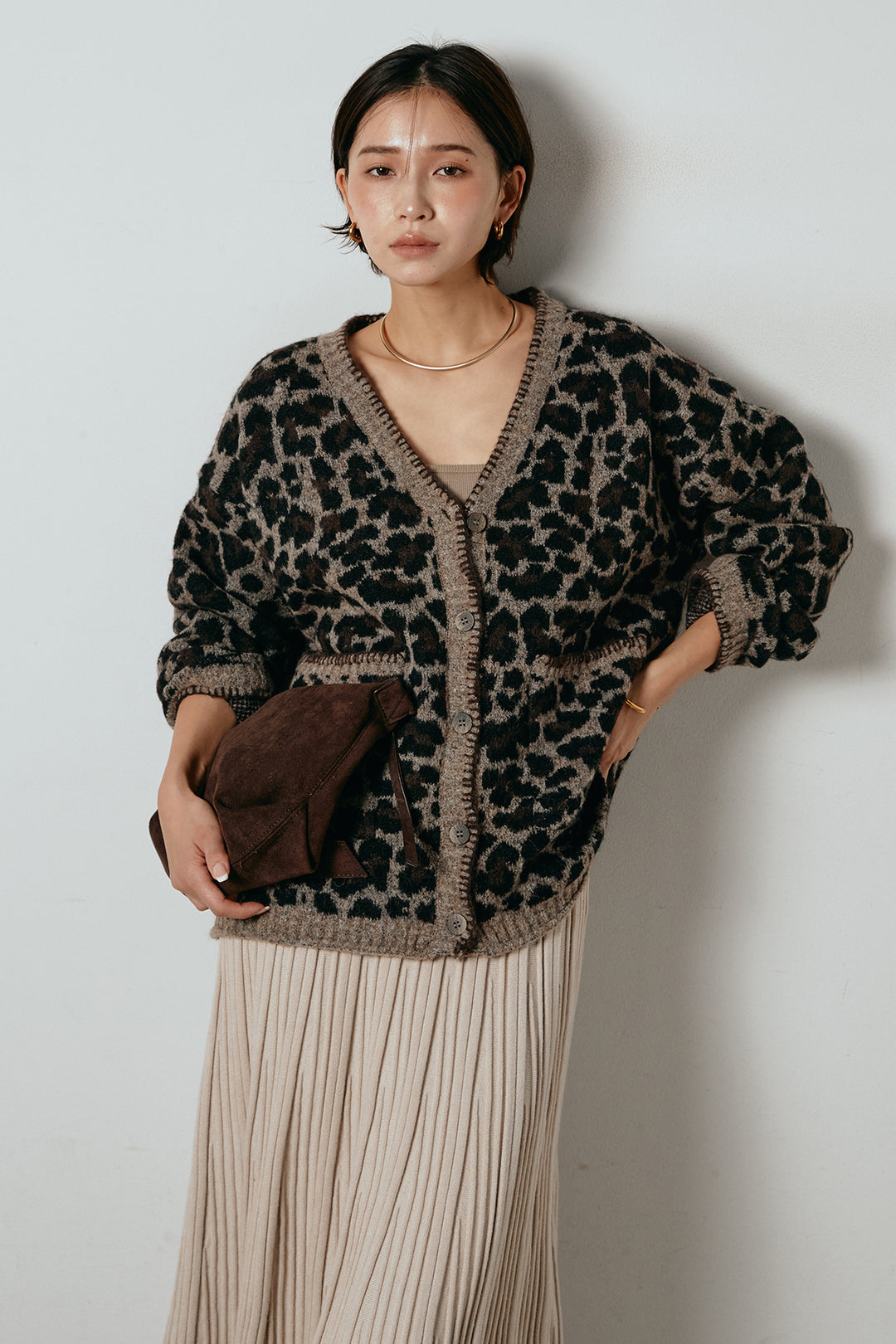 [SET]ステッチデザインレオパードニットカーディガン+リブニットフレアスカート(2set)