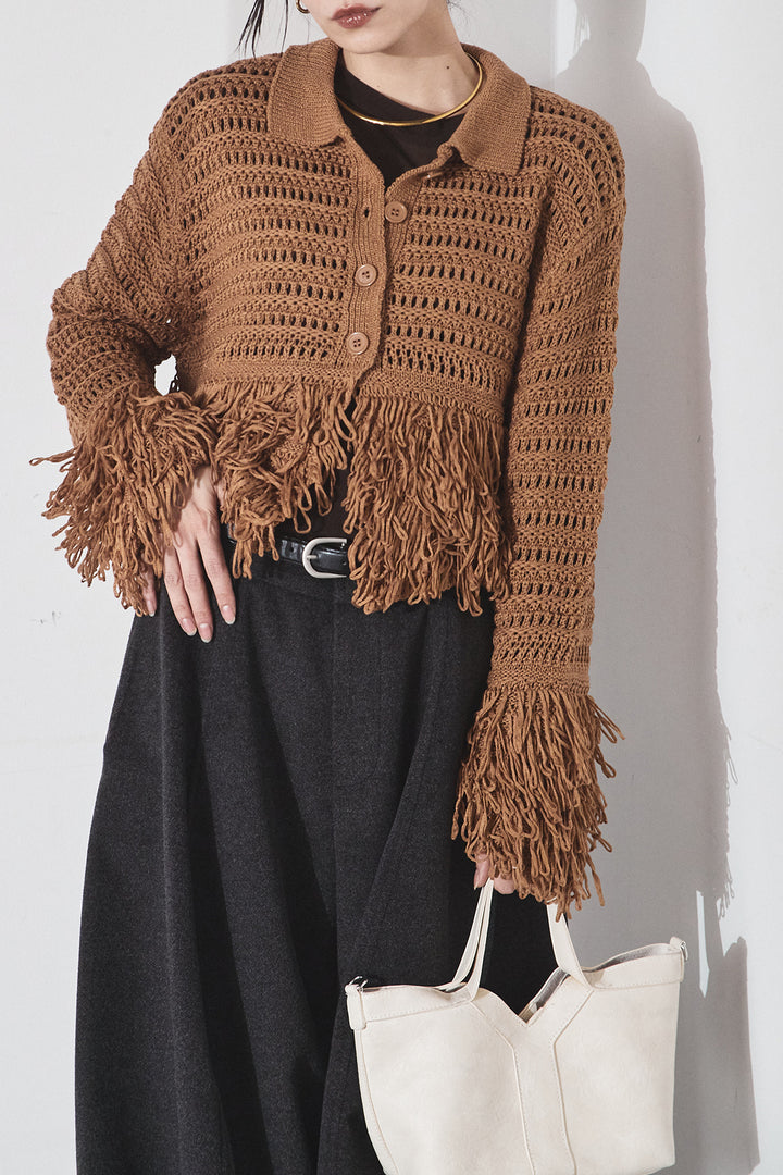 [SET]メッシュフリンジカーディガン+ウールタッチカーブワイドパンツ(2set)