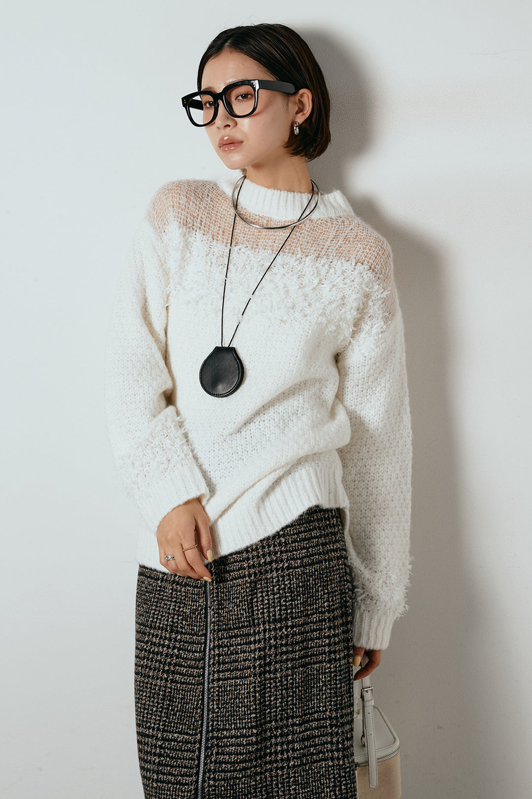 [SET]パターンランダム編みニットトップス+グレンチェック柄フロントジップタイトスカート(2set)