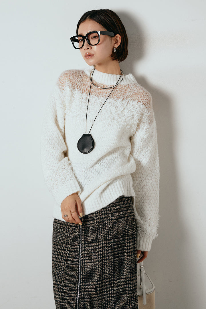 [SET]パターンランダム編みニットトップス+グレンチェック柄フロントジップタイトスカート(2set)