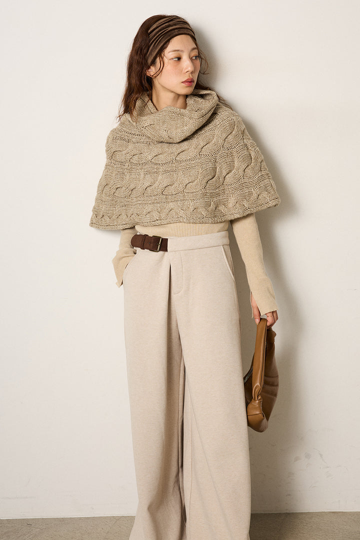 [SET]ケーブル編みケープレイヤードニット+サイドベルトパンツ(2set)
