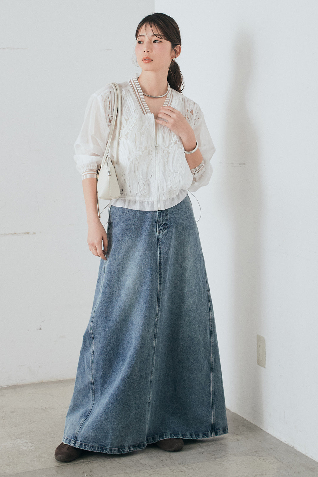 [SET]モチーフ付きシアーブルゾン+デニムロングフレアスカート(2set)