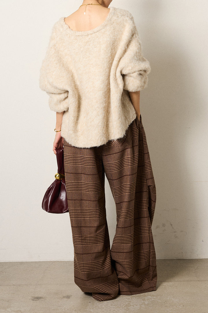 [SET]ウール混透かしロゴニットカーディガン+グレンチェックルーズタックパンツ(2set)