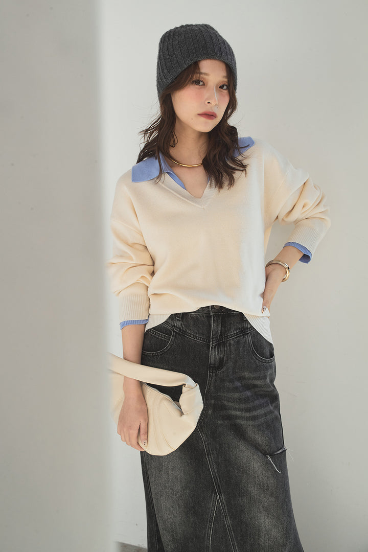 [SET]バイカラーニットレイヤード風プルオーバー+Aラインデニムスカート(2set)