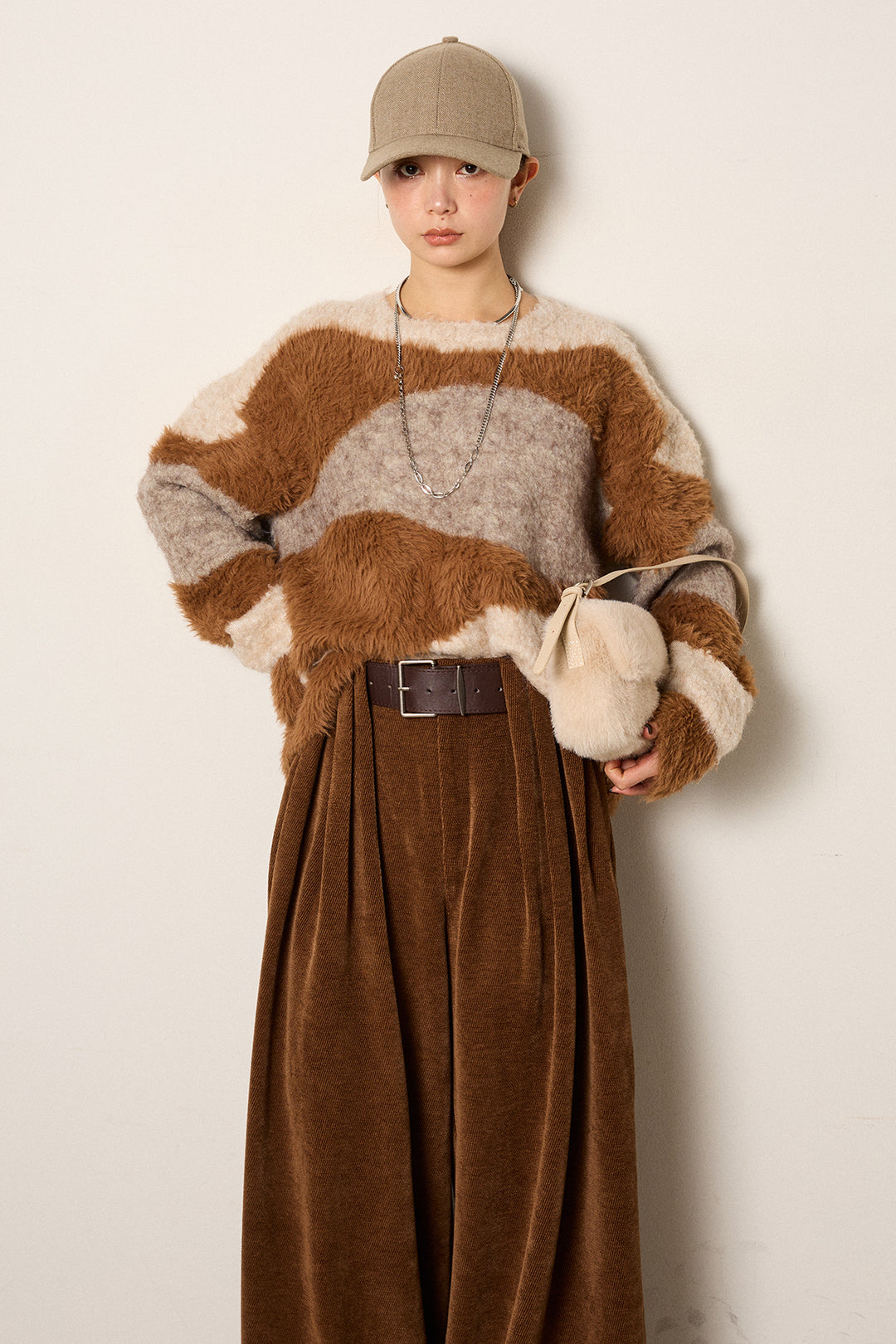 [SET]シャギーウェーブ柄クルーネックニットトップス+ベルトループコーデュロイワイドパンツ(2set)