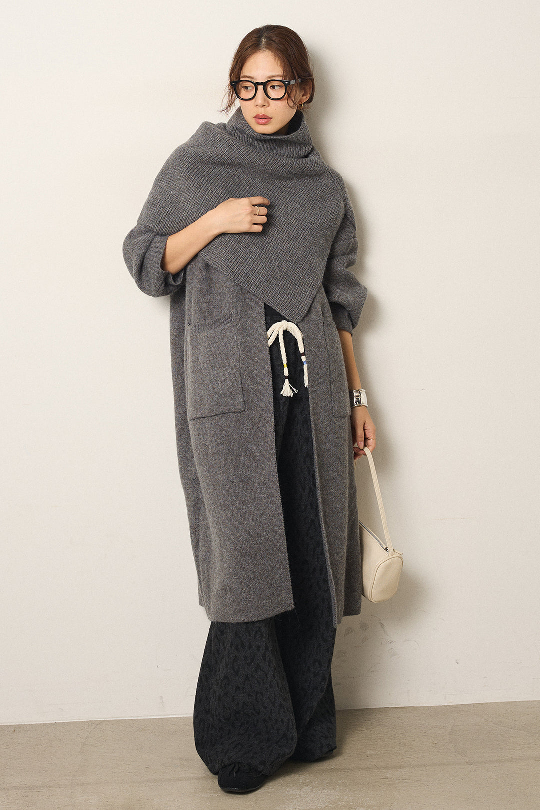 [SET]ケープレイヤードロングカーディガン+レオパードジャガードニットパンツ(2set)