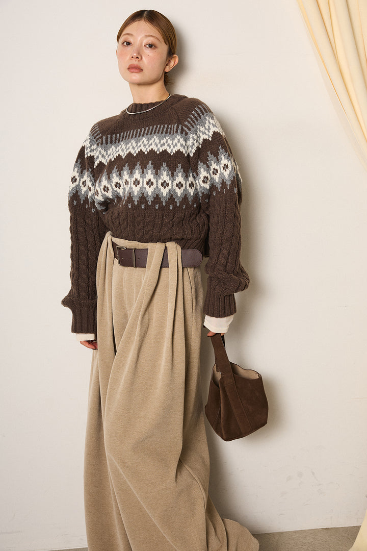 [SET]2WAY求心柄ジャガードショートカーディガン+ベルトループコーデュロイワイドパンツ(2set)