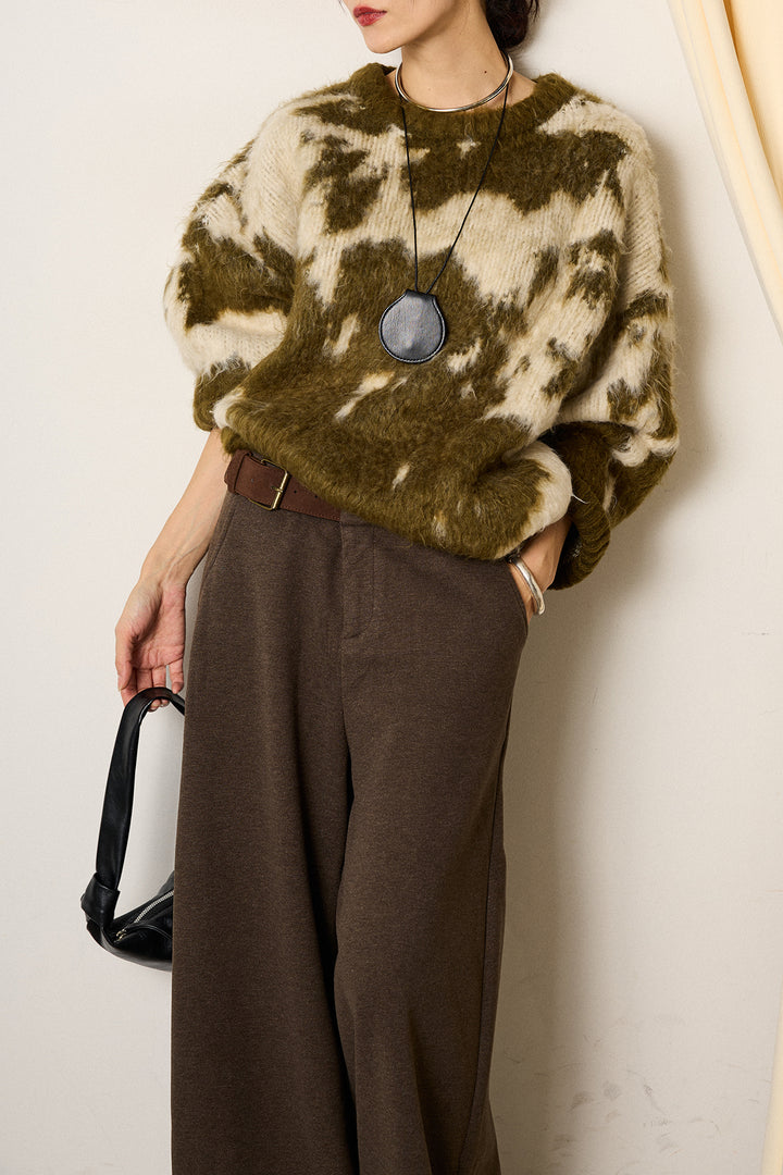 [SET]モヘアタッチマーブルニット+サイドベルトパンツ(2set)