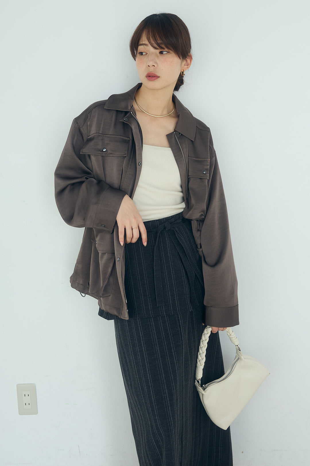 [SET]サテンライトブルゾン+ラップ巻きピンストライプワイドスカート(2set)