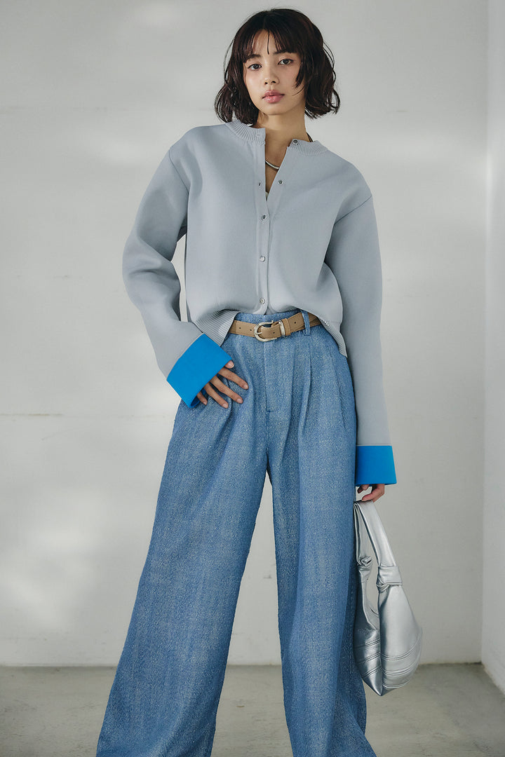 [SET]リバーシブル配色ニットカーディガン+デニムライクヘリンボーンタックパンツ(2set)