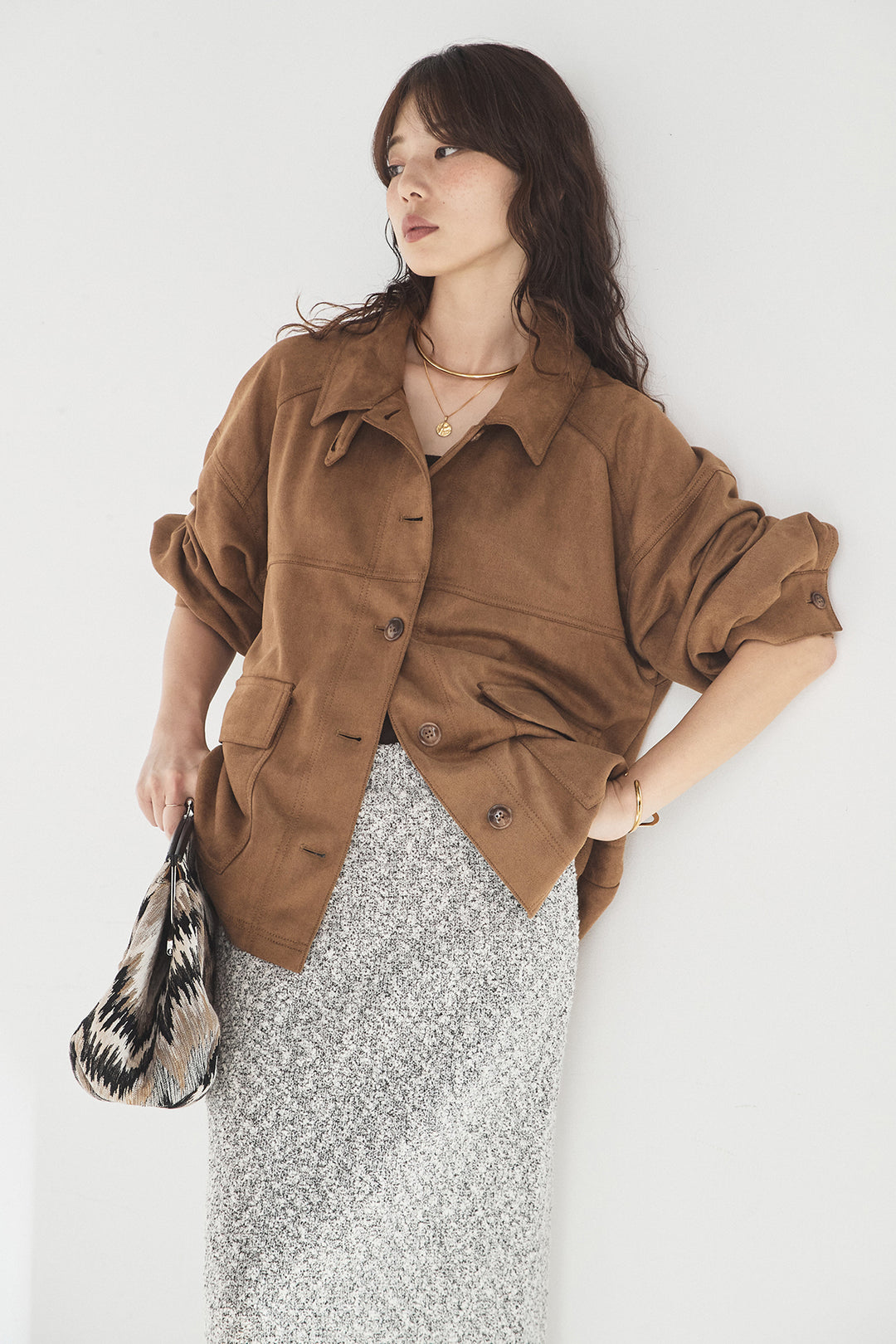 [SET]デカポケスエポンジャケット+ツイード風MIXスラブスカート(2set)