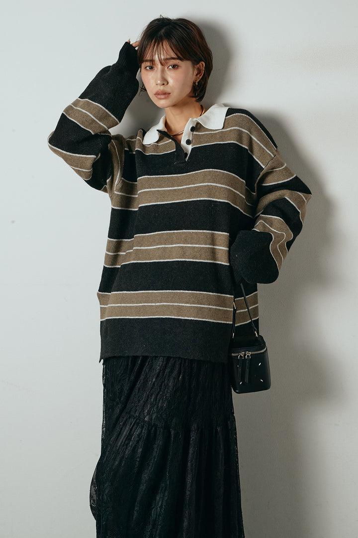 [SET]ラガーニットボーダーポロプルオーバー+ひげレース切替ロング丈スカート(2set)