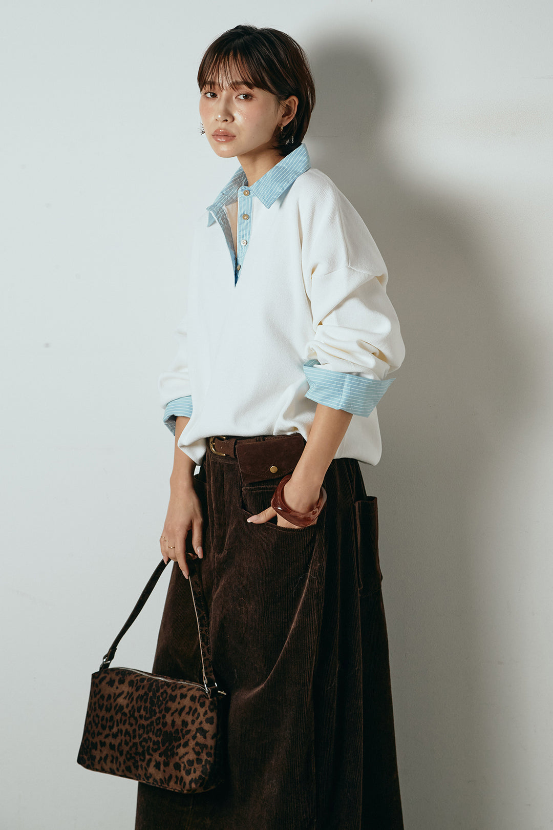 [SET]ストライプシャツドッキングポロトップス+ポーチベルト付きコーデュロイワイドスカート(2set)