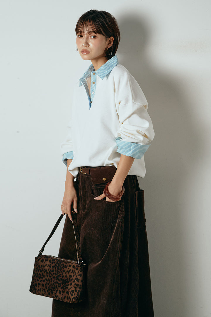 [SET]ストライプシャツドッキングポロトップス+ポーチベルト付きコーデュロイワイドスカート(2set)