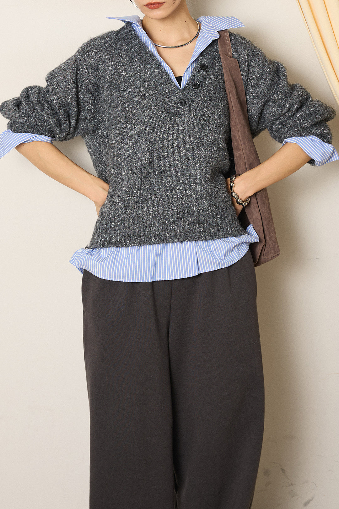 [SET]ストライプシャツドッキングニットポロトップス+裏起毛スウェットワイドパンツ(2set)
