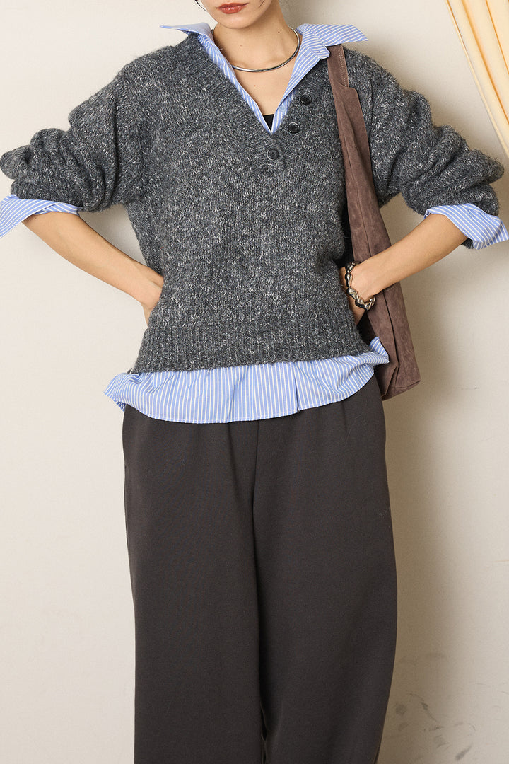 [SET]ストライプシャツドッキングニットポロトップス+裏起毛スウェットワイドパンツ(2set)