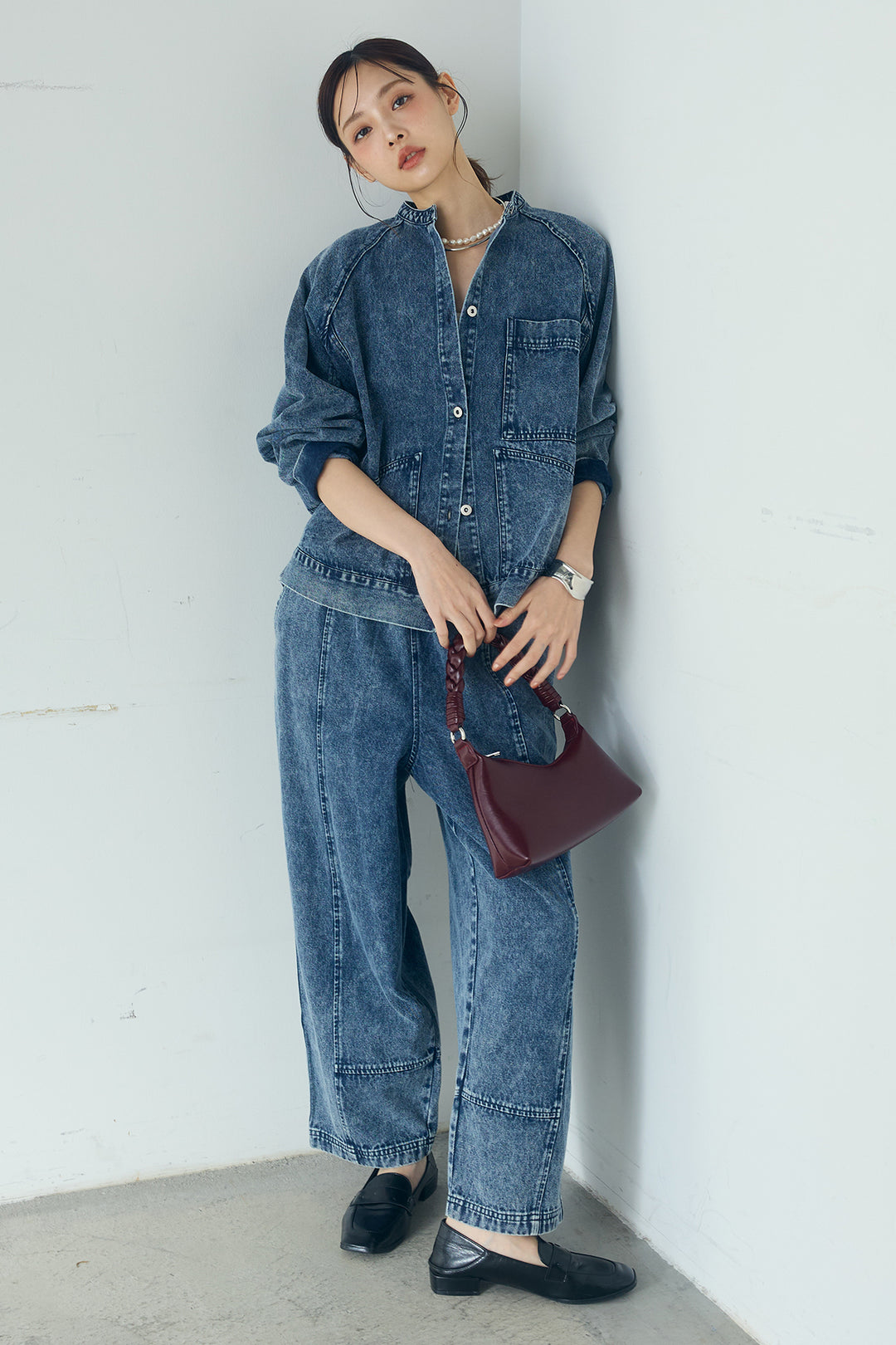 [SET]カラーデニムケミカル加工ノーカラーブルゾン+カラーデニムケミカル加工コクーンパンツ(2set)