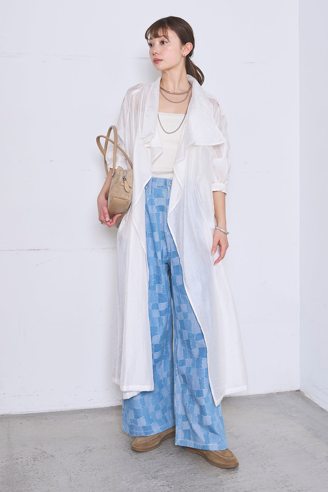 [SET]ロングシアーアウター+パッチワーク風デニムワイドパンツ(2set)