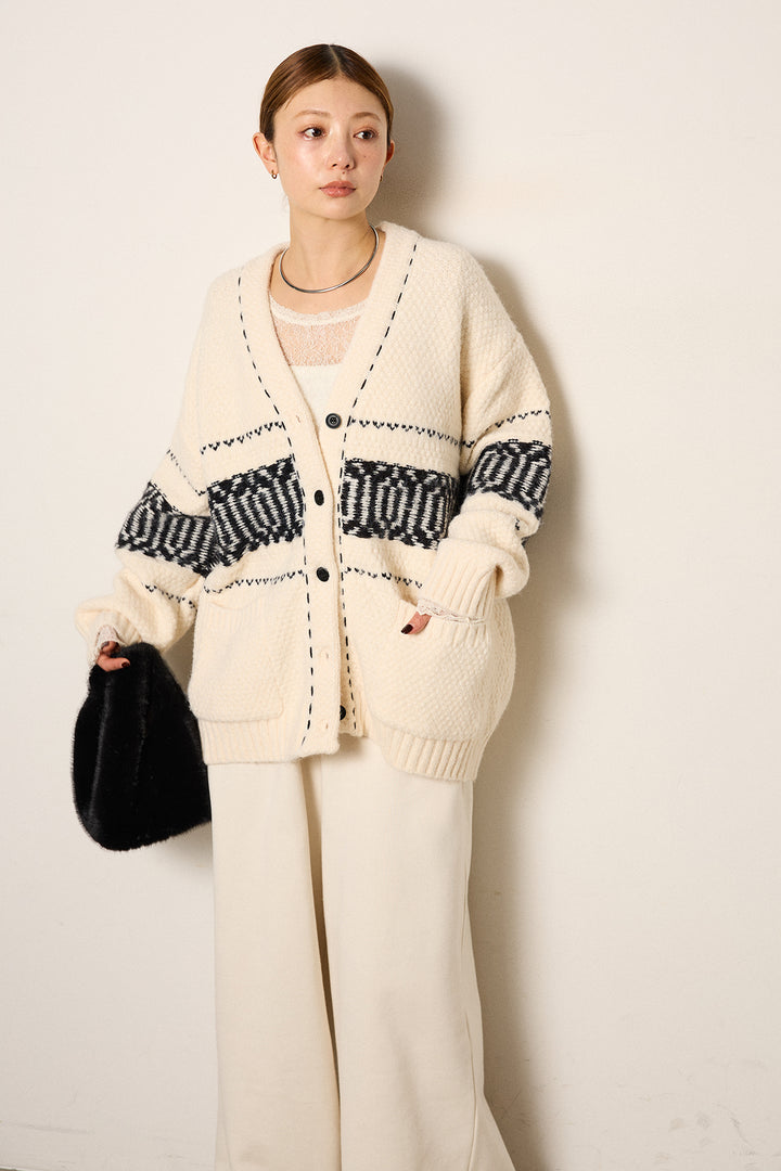 [SET]ライン柄ステッチニットカーディガン+裏起毛スウェットワイドパンツ(2set)