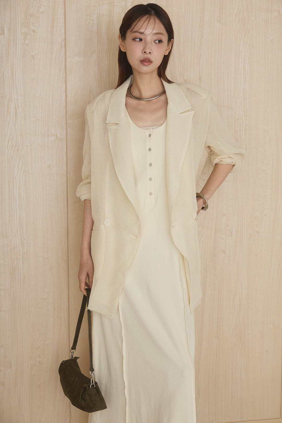 [SET]メッシュテーラードワイドジャケット+ノースリロングワンピース(2set)