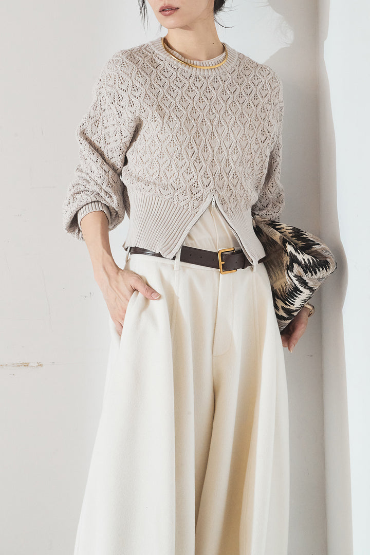 [SET]透かし編みニットジップスリットプルオーバー+ウールタッチカーブワイドパンツ(2set)