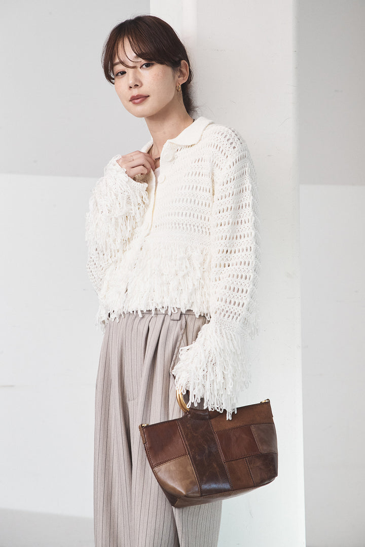 [SET]メッシュフリンジカーディガン+ヘリンボーンストライプツータックパンツ(2set)