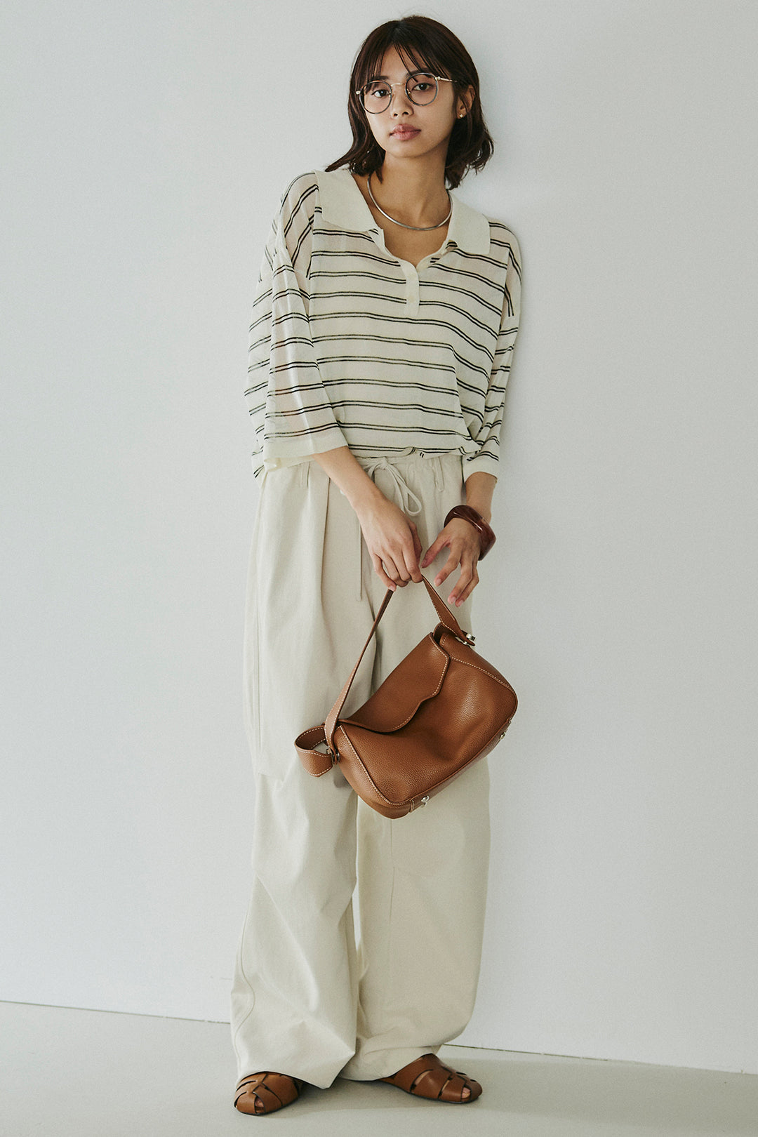 [SET]ボーダーニットポロシャツ+ニーサイドタックウエストドロスパンツ(2set)