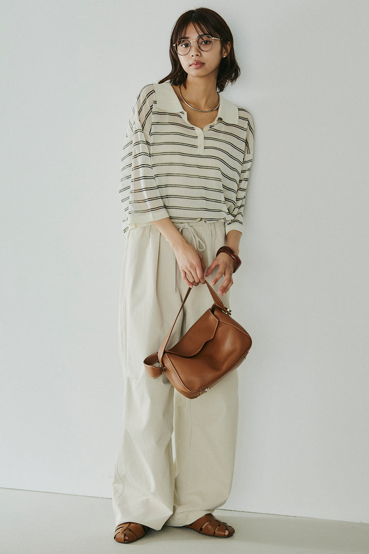 [SET]ボーダーニットポロシャツ+ニーサイドタックウエストドロスパンツ(2set)