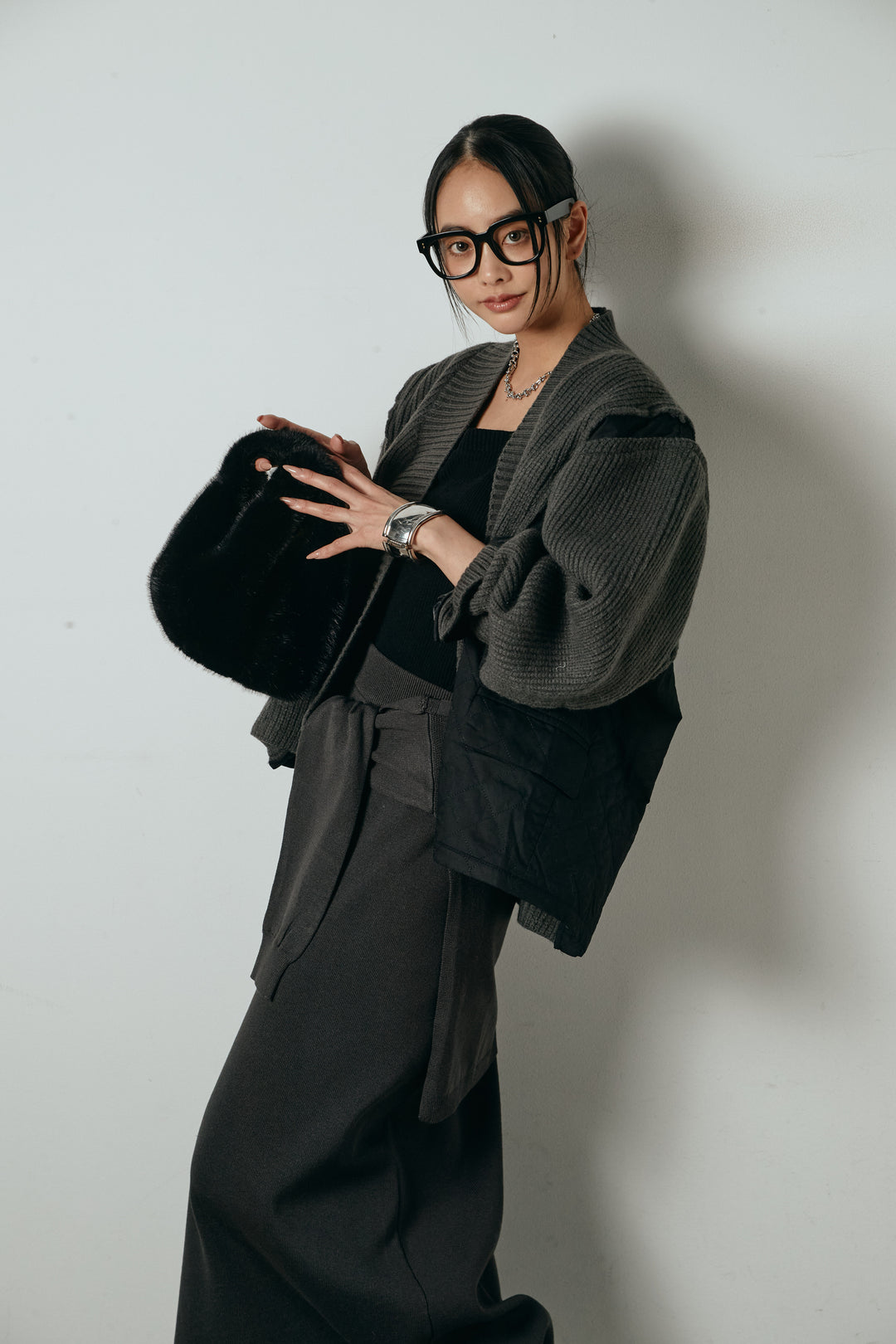 [SET]キルティング切り替えニットカーディガン+ウエストラップ巻きニットスカート(2set)