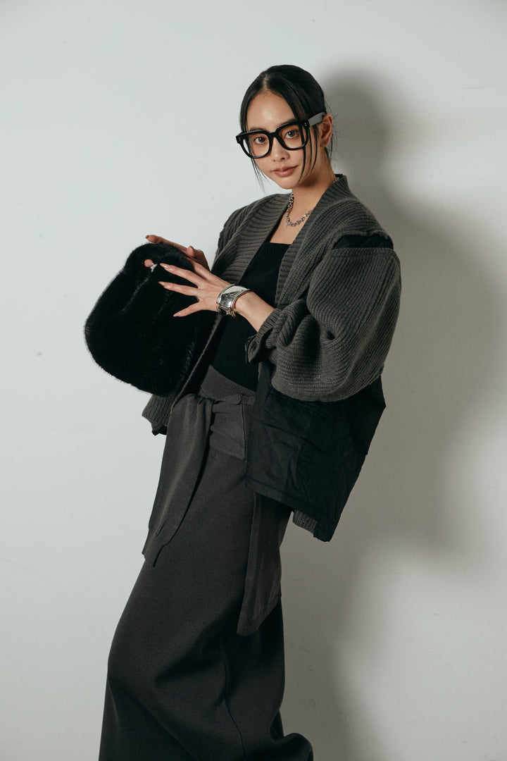 [SET]キルティング切り替えニットカーディガン+ウエストラップ巻きニットスカート(2set)